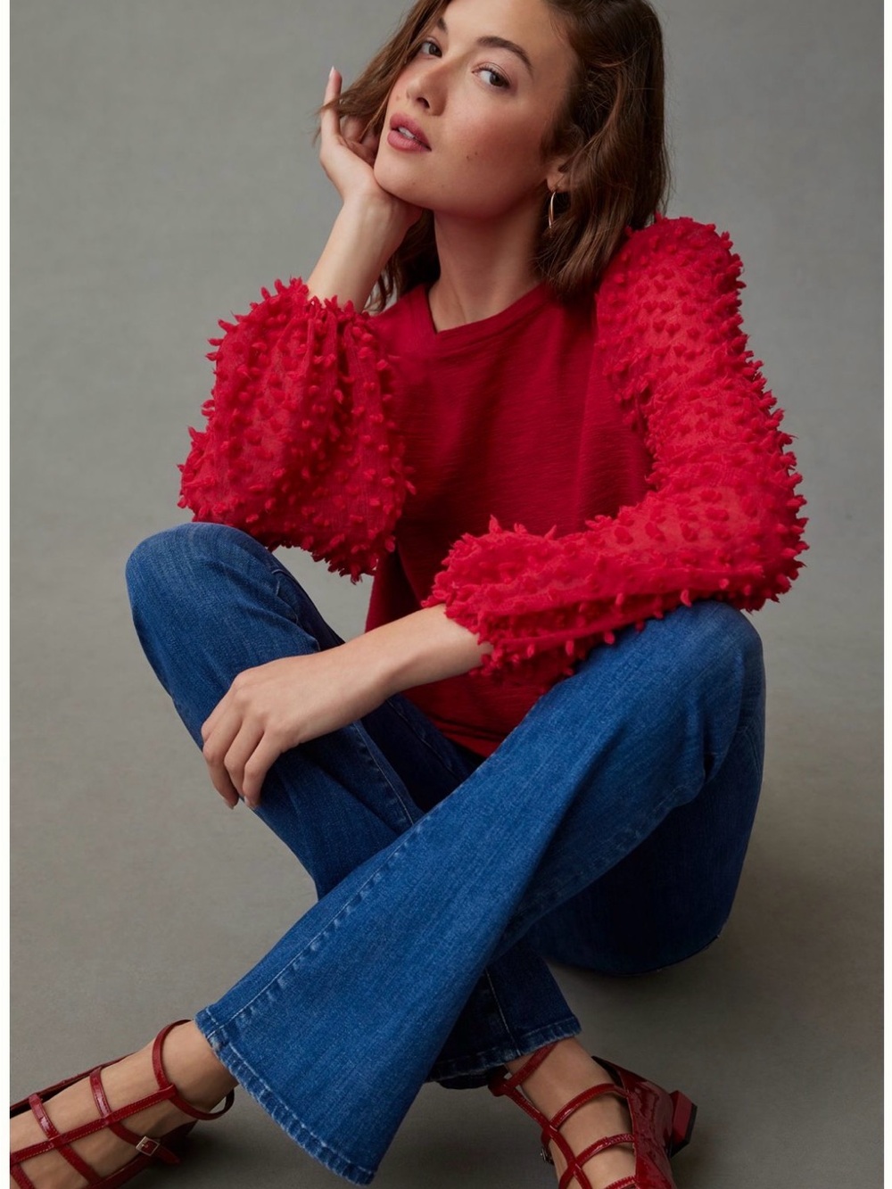 Maeve Textured-Sleeve Top in Red